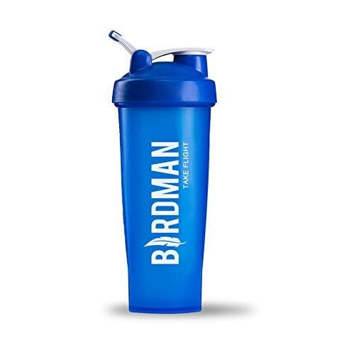 Birdman Blue Protein Shaker Bottle with Take Flight Slogan