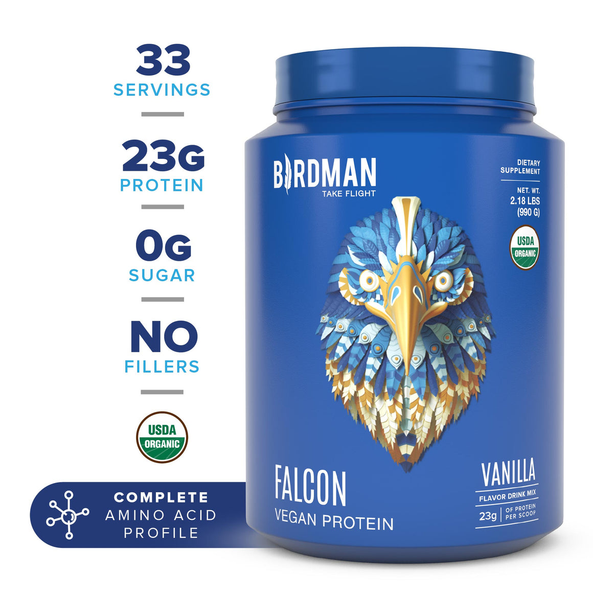 Falcon Protein - Plant-Based Protein Powder 2.18 lb (Vegan), 33 Servings, Vanilla Flavor